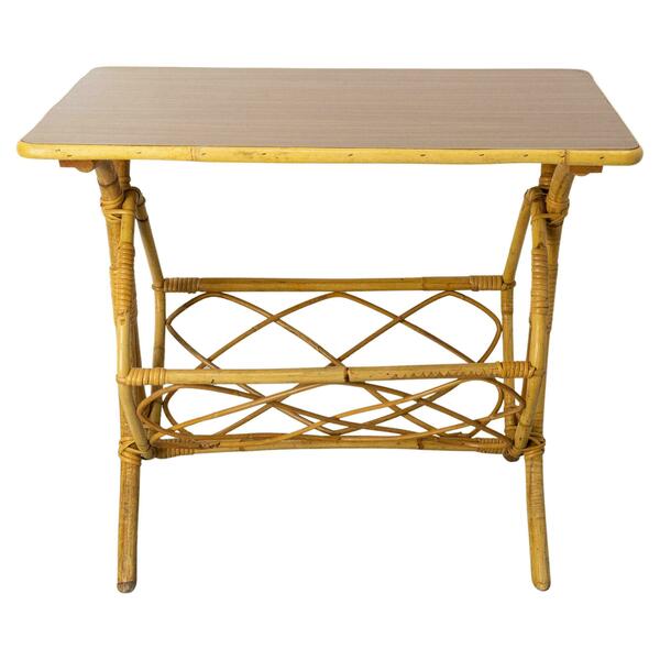 French Side Table Rattan With Magazine Rack, Midcentury Vinterior