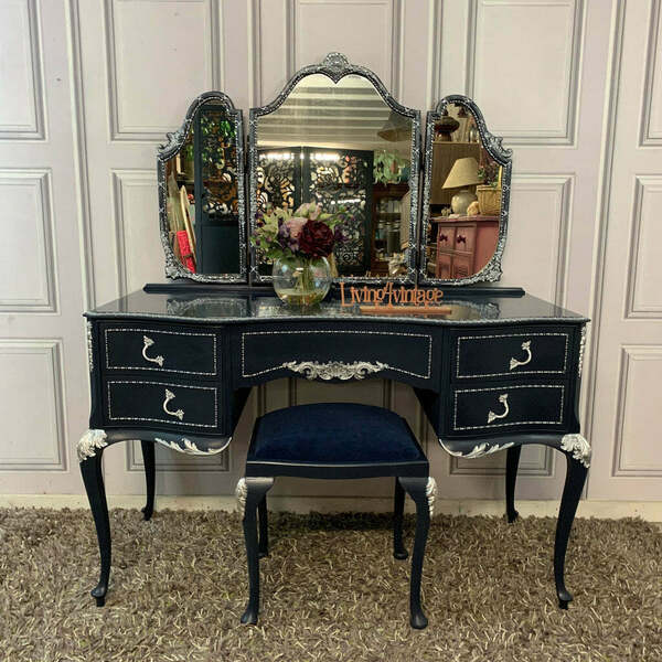 Olympus Dressing Table Navy Blue & Silver Dressing Table With Stool And Mirror French Style
