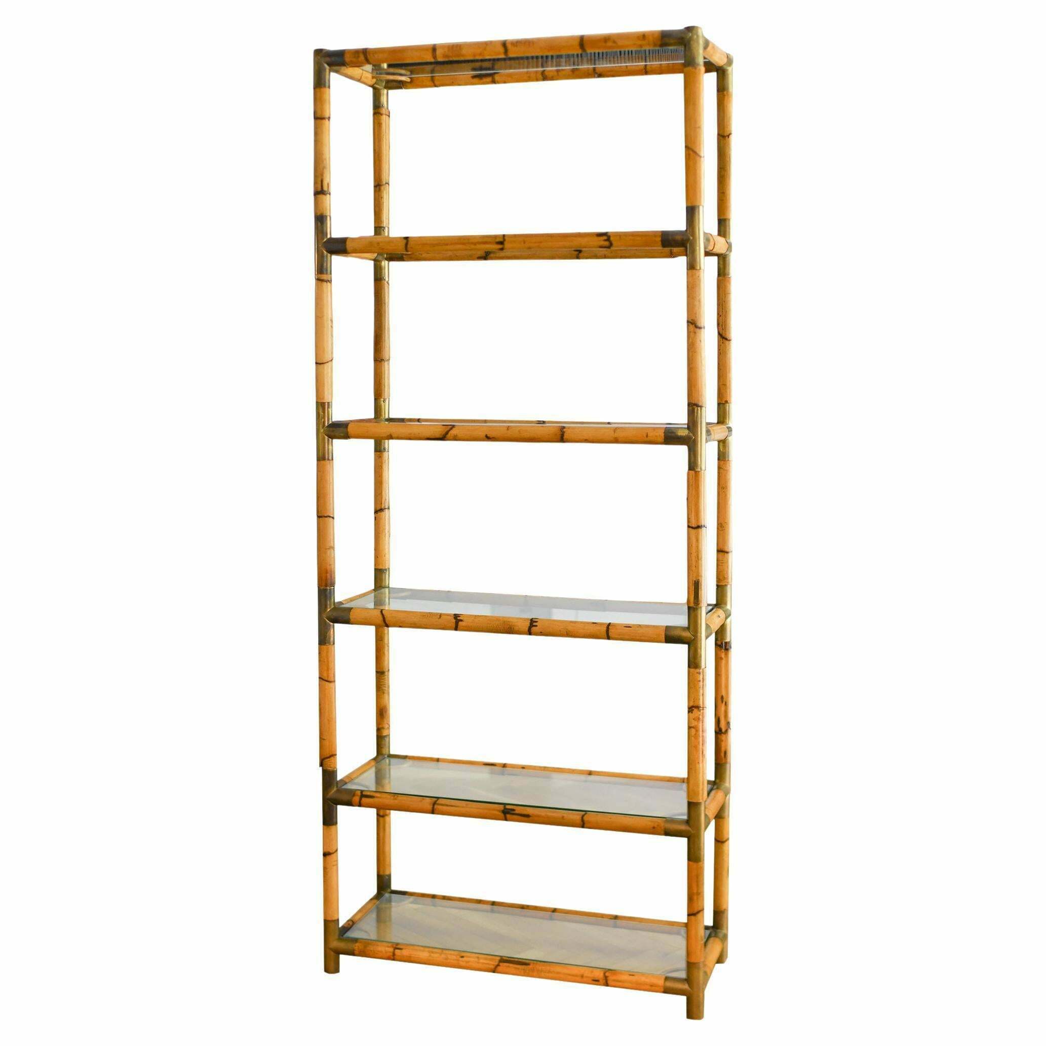 Bamboo Bookcase With Brass Details And Glass Shelves, 1980s Vinterior
