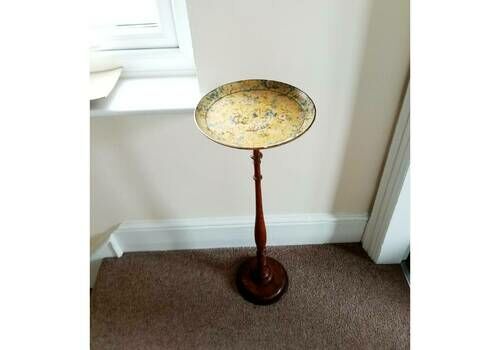 Victorian Antique Hand Turned Dark Oak Torchère Planter Pedestal Plant Stand   Yellow Floral Regency Ornate Tray   Planter Table  Jardinière