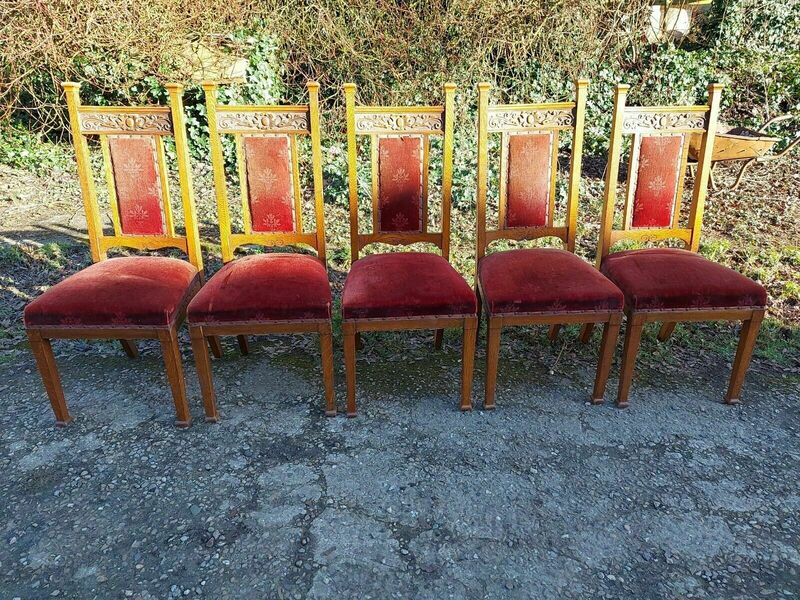 Vintage Oak Framed High Back Dining Chairs In Need Of Restoration