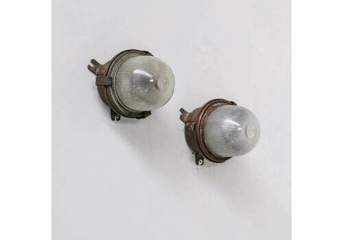 Pair Of French Industrial Glass Holophane Wall/Ceiling Or Table Lamps