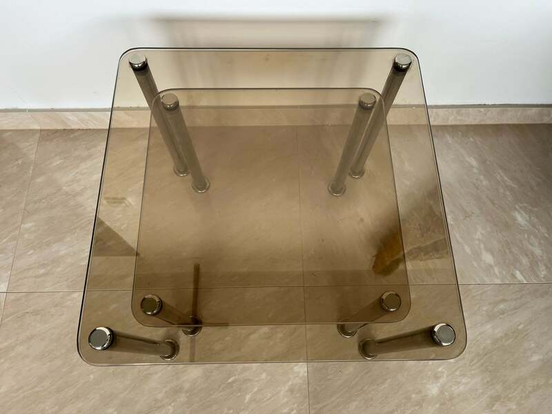 Pair Of 2 Massive Chrome And Smoked Glass Nesting Tables  Around 1980s photo for sale