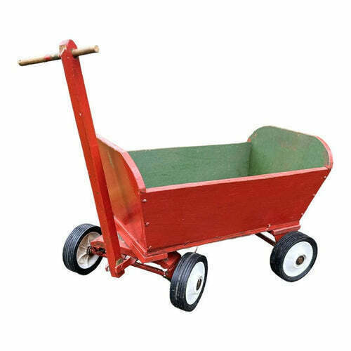 Antique Childs Pull Along Red Wagon Trolley Cart Great As A Planter